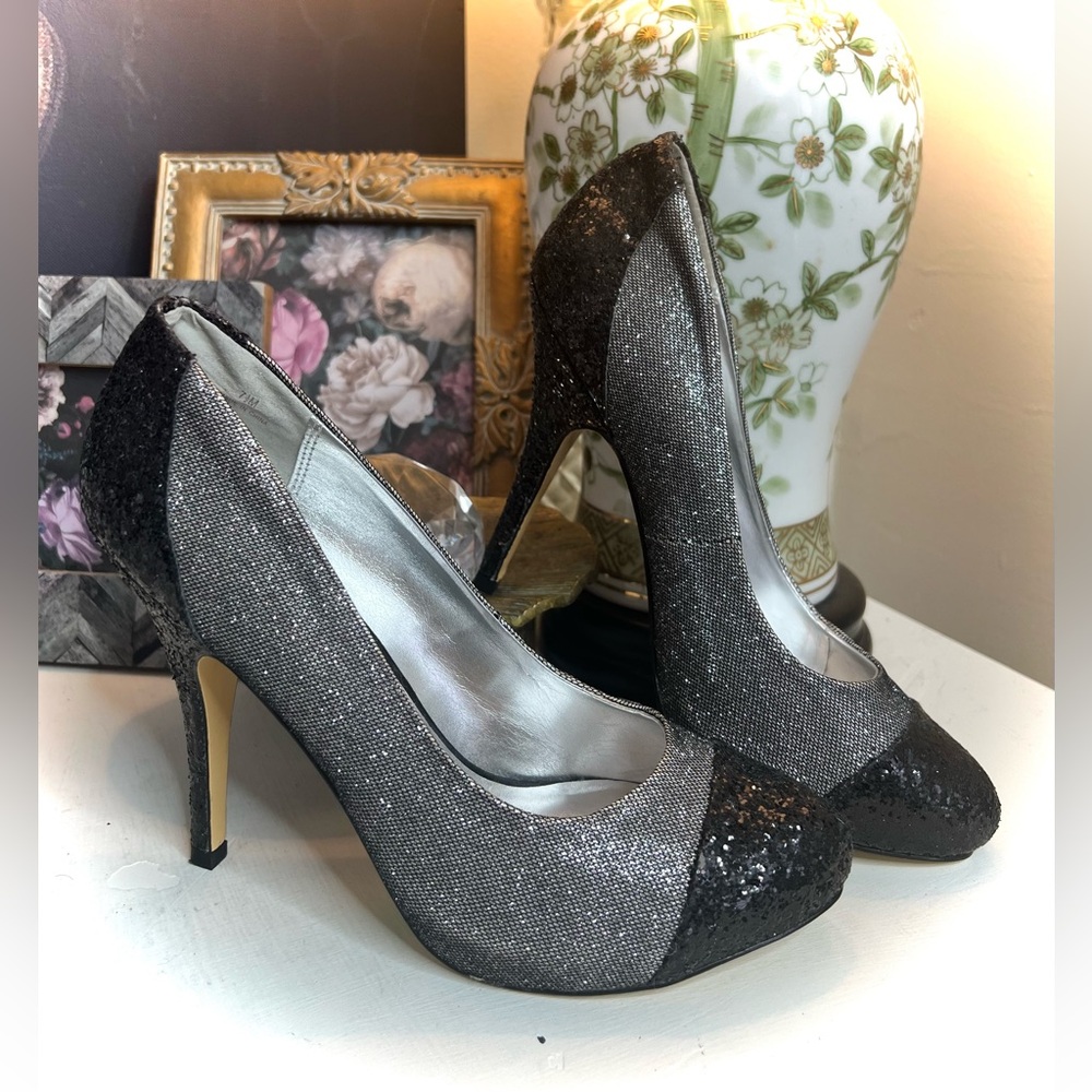 Moda Spana 3” silver black glitter pumps Evening heels